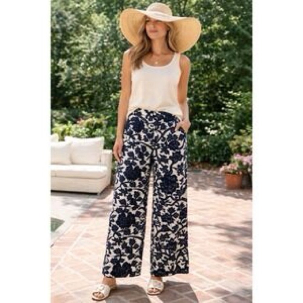 Loft Marissa Wide-Leg Printed Trouser Pants Linen Blend  - Navy & White